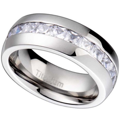 Flamereflection Titanium Men's Wedding Band Engagement Ring With 11 Large Princess Cut Cubic Zirconia Size 8 #TOP2