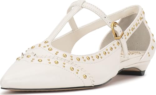 Vince Camuto Valkie Studded Kitten Heel T-Strap Flat Mule, Coconut Cream Leather, 7.5
