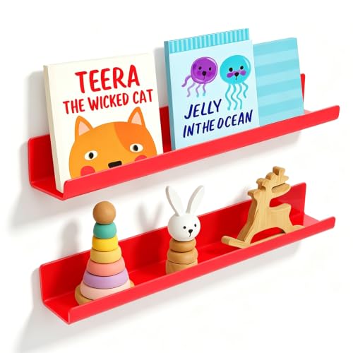 Image of 2 Pack Magnetic Book Shelf - Acrylic Reusable Display Panel for Whiteboards, Classrooms & Home, Adhesive-Free Storage with 11lb Capacity (red)