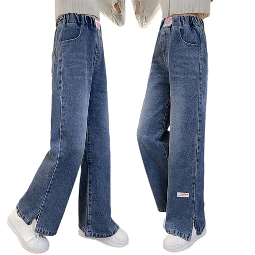 Girls Baggy Jeans, Weaving Mark Denim Pants with 4 Pockets - Casual Tween Girls' Wide-Leg Jeans