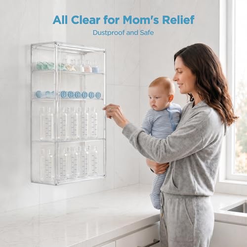 Image of HBlife Baby Bottle Storage Organizer Wall Mount, 4 Tiers Adjustable Clear Acrylic Bottles Storage Station Case Box Container with 3 Removable Dividers and Magnetic Door for Countertop Cabinet, Large
