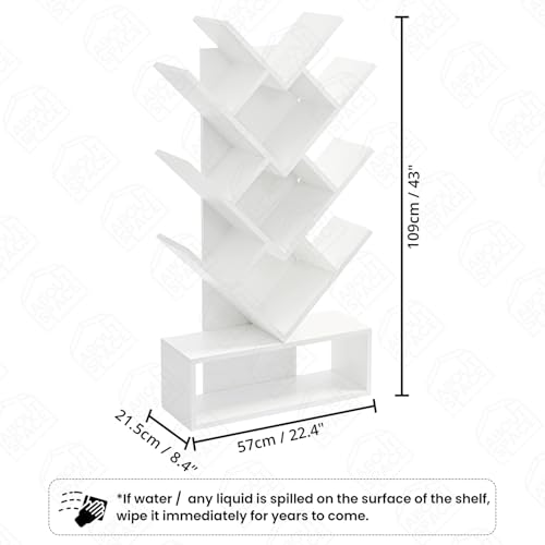 Image of ABOUT SPACE Book Shelf for Home - 11 Tier Tree Shaped Book Rack for Study Room DIY Wooden Book Stand with Bottom Storage Space for Office, Livingroom, Bedroom (White - L 57 x B 21.5 x H 109 cm)