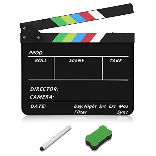 Flexzion Acrylic Plastic Clapboard Director's Clapper Board Dry Erase Cut Action Scene Slateboard for Hollywood Camera Film Studio Home Movie Video 10x12" with Color Sticks