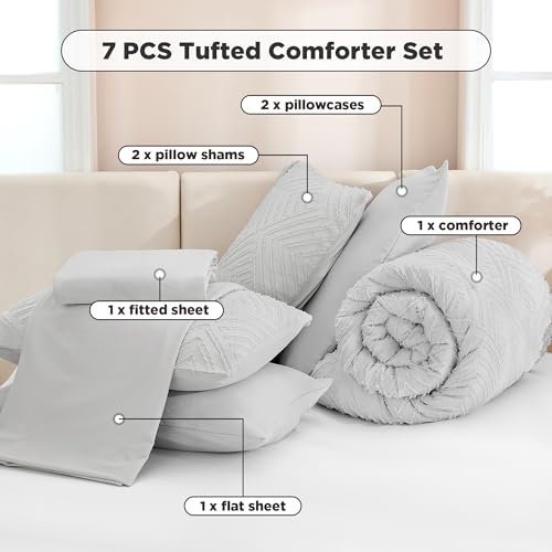 Image of Andency Light Grey Comforter Queen Size Set with Sheets - 7 Pieces Boho Bed in a Bag Tufted Bedding Sets Lightweight All Season Bed Set with Comforter, Sheets, Pillowcases & Shams