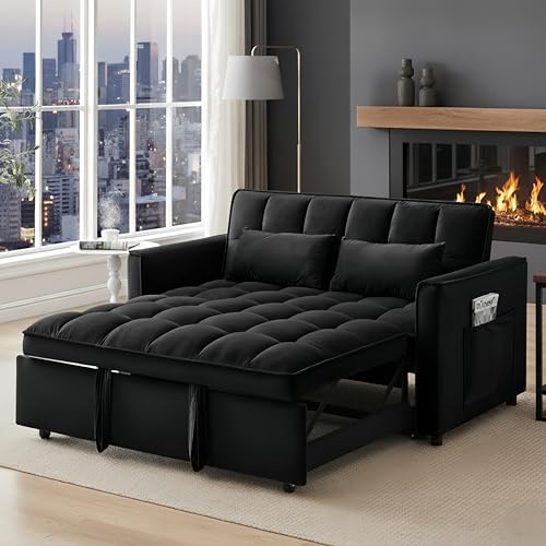 Image of 3 in 1 Folding Convertible Sofa Bed, 55'' Pull Out Couch Bed with Side Pocket, Velvet Fabric Loveseat Sleeper Sofa with Adjustable Backrest, Easy Assembly, Perfect for Living Room, Black