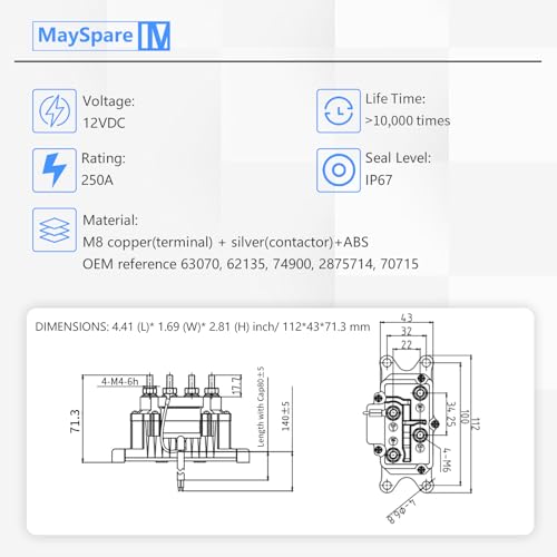 MaySpare 250A 12V Winch Solenoid Relay Contactor Winch Rocker Thumb Switch with Mounting Brackets Terminal Caps and Handle Bar Control Switch for ATV UTV 1500lb-5000lb - Thumbnail 4