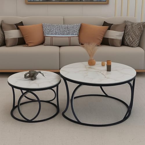 Image of CROWN ART SHOPPEE Round End Table Set of Two Coffee Tables with Engineered Wood Top and Metal Frame, Contemporary Accent Side Table for Office, Bedroom, or Living Room Black White