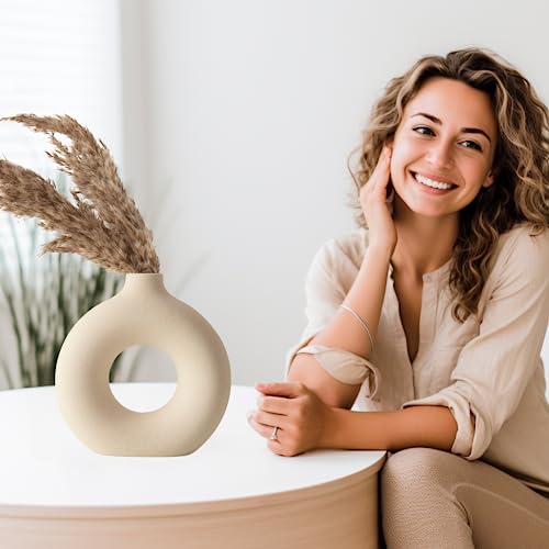 White Ceramic Vase For Pampas Grass Flowers, Vase Decor, White Vases For Decor, Modern Home Decor Vase, Boho Vases For Decor, Circle Vase, Round Vase, Donut Vase, Decorative Vase,7.5" Tall #TOP1