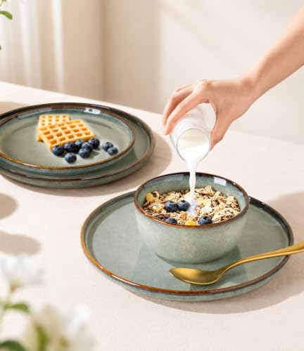 Image of GBHOME Ceramic Dinnerware Sets for 4, 12 Pieces Stoneware Plates and Bowls Sets, Scratch Resistant Dishes, Dishwasher & Microwave Safe, Reactive Glaze