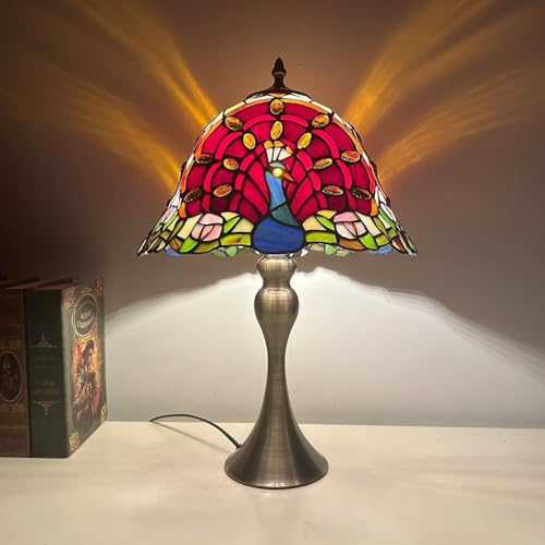 HEICAOMEI Desk lamp Table Lamp Red Stained Glass Peacock Lampshades