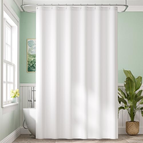 Image of Amazer Extra Long Shower Curtain Liner Washable, 72 x 96 Inches, Fabric White Shower Liner with 2 Bottom Stones, Waterproof 2-in-1 Shower Curtain and Liner, 12 Grommet Holes, Hotel Quality, White