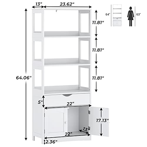 Kitchen Pantry Storage Cabinets Freestanding Tall Bathroom Storage Cabinet With Shelves And Drawer 64''H Sideboard Storage Cabinet With Microwave Space Cupboard Storage Organizer For Home Office,White #TOP1
