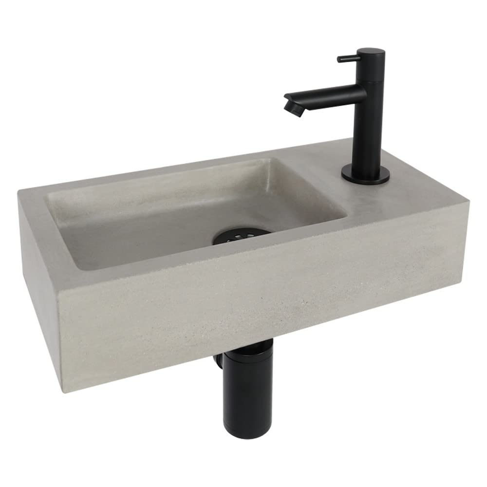 Differnz Jukon Lavabo - Lave main Béton Gris Clair - Robinet Droit Noir Mat - Ensemble Complet - 38,5 x 18,5 x 9 cm