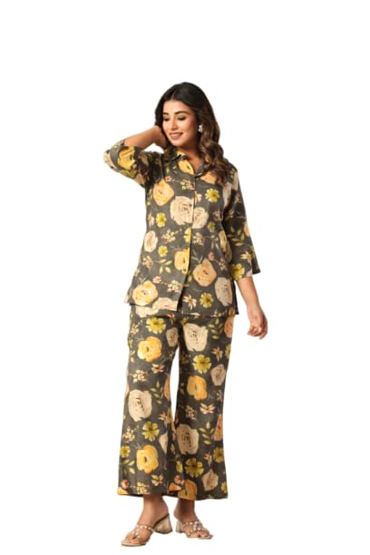 Women's Rayon Floral Printed Co-Ord Set, Shirt Style Top with Bell Bottom Pant, Western Style-image-16