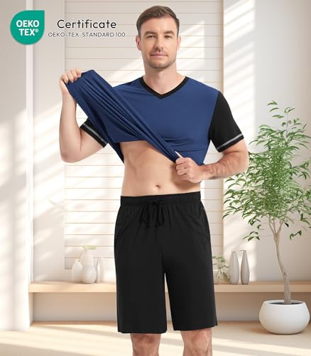 Image of NACHILA Pajamas for Men Pj Short Sleeve Sleepwear with Shorts V Neck Loungewear Cool Pajama,Viscose Made from Bamboo