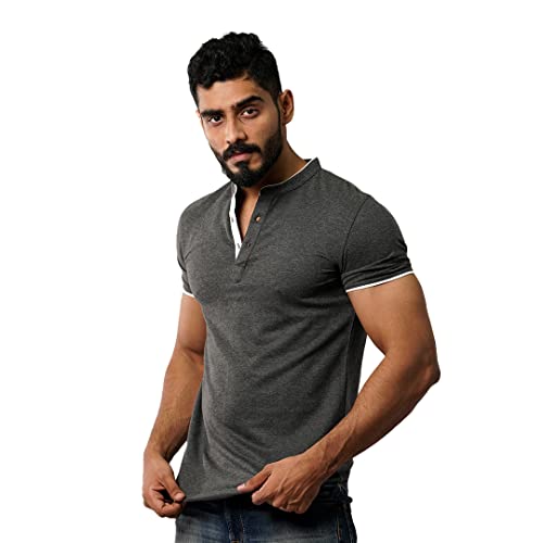 Image of Henley Mandarin Collar Solid Colour Short Sleeve Regular fit T-Shirts for Men from XS to 8XL.