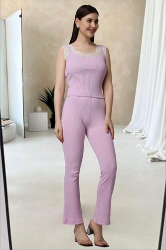 Image of POPWINGS Casual Lavender Solid Rib Crop Top and Trouser Co-ord Set for Women