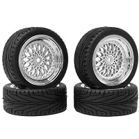 RC Auto Reifen und Räder Set,KINGCOO 4Stück 65mm Gummireifen Kunststoffbeschichtung Rad Felgen 12mm Hex für 1/10 RC On-Road Run-Flating Touring Racing Auto (Silber)