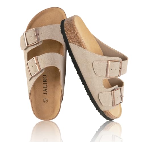 JALIRO Women's Cork Sandals, Suede Upper, Double Buckle, Arch Support & Non-Slip for Summer Wear, Light Grey, size 11 - image 1