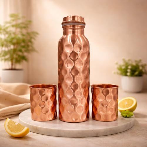 Image of JAIPUR ACE Hammered Pure Copper Water Bottle with Glass Set | 100% Copper Bottle Set | Leak Proof, Ayurvedic Health Benefits, Premium Design Gift Set for Home, Office, Gifting (Hammered Print)