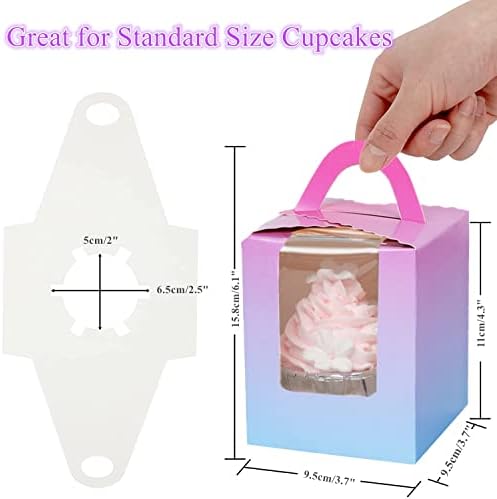 Gbateri 60 Pieces Single Cupcake Boxes Cupcake Carrier with Window & Insert and Handle, Individual Cupcake Box Bakery Boxes Treat Gift Boxes Mini Cavity Cake Boxes, Muffins Containers (Rainbow)
