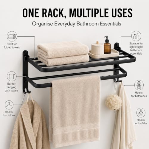 Image of ZAP Exotic Series Stainless Steel Towel Rack with Hooks, 59 CM Wall Mounted Bathroom Towel Holder, Multipurpose Storage Shelf for Towels and Clothes, Rust-Resistant Black Finish