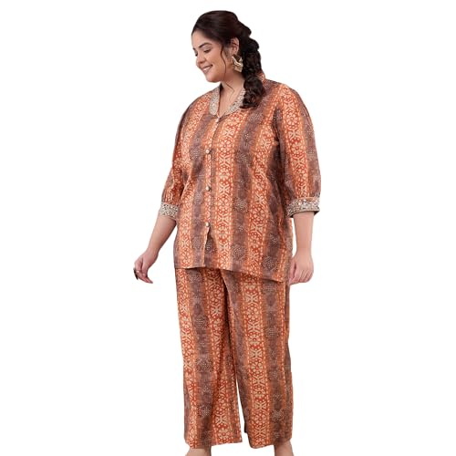 Image of Bani Women Printed Plus Size Co-ord Set, Shirt and Trouser Set 2 Piece Outfit, 3 /4 Sleeves V Neck Collor with Mirror Work, Coord Sets for Womens,Western Dress, Stylish Design for all Occasions