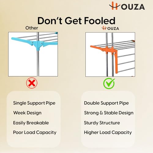 Image of HOUZA Premium Stainless Steel Clothes Drying Stand with Wheels | 1 Layer Foldable Cloth Dryer Stand /Rack for Household, Balcony, Indoor & Outdoor | Portable & Rustproof- Orange