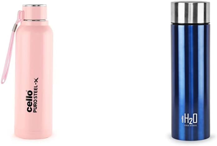 Cello Puro Steel-X Benz Inner Steel Outer Plastic with PU Insulation Water Bottle, 900 ml (Pink) and H2O Stainless Steel Water Bottle, 1 Litre, Blue(Pack of 2)