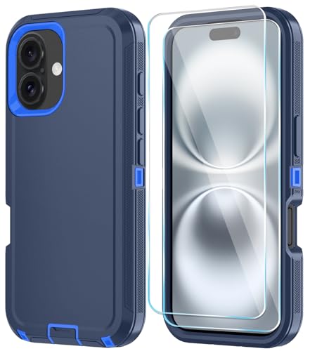 ouyncase Compitable with iPhone 17 Case with HD Screen Protector, [2 in 1 ] Heavy Duty Protection Phone Case for iPhone 17 6.3" (DarkBlue)