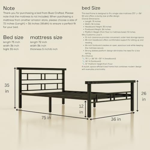 Image of Single Size Metal Bed Frame | SingleSize Metal Bed | Heavy Duty Iron Bed | Steel Bed Single | Single Metal Cot | Platform Bed | Bed Frame SingleSize | Metal Slats | No Box Spring Needed | Black