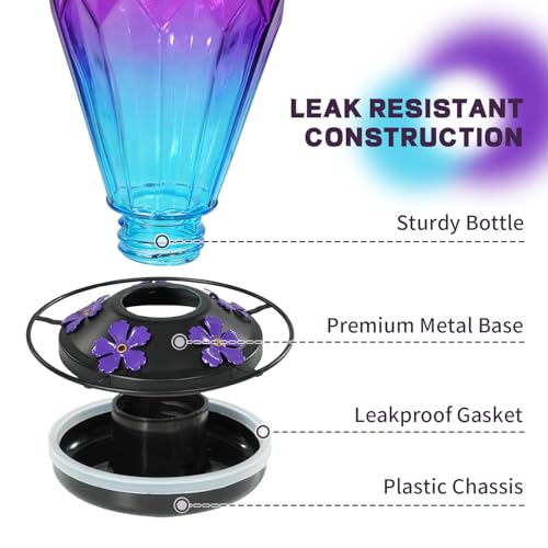 Image of 2 Pack Glass Hummingbird Feeder for Outdoors Hanging, 25Oz Humming Bird Nectar Feeder, Perch, 5 Flower Feeding Ports, Leak Proof Base, Hook for Outside Garden Backyard, Diamond Purple