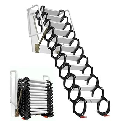 12 Steps Attic Ladder, Wall Mounted Folding Loft Ladder, 10.17ft Retractable Loft Access Staircase Pull Down System, Extension Steps with Armrests, Weight Capacity 660lbs (Black)