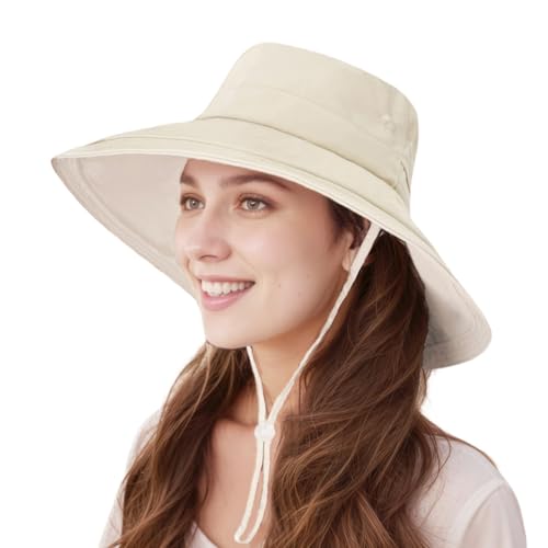 Sun Hats for Women Wide Brim UV Protection, Foldable Ponytail Summer Hats Cap Waterproof Breathable Safari Bucket Hats for Beach Garden Fishing
