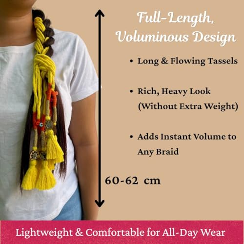 Image of Zippy Flora Neelima Parandi (Yellow) | Traditional Boho Handmade Paranda Hair Accessory with Braid Tassels | Women's Ethnic Hair Extension for Choti, Braids & Patiala Shahi Hairstyles