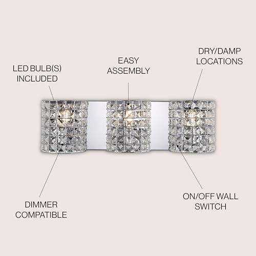 Image of JONATHAN Y 24 inch Chrome Modern LED Vanity Light Sconce for Bathroom Decor, 3-Light, Clear Crystal Shade, Glam Wall Lighting for Hallway Entryway, LED Bulb Included (JYL7544A)