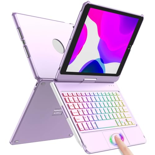 SZO Clavier Coque pour iPad 9/8/7ème Génération 10.2 2021/2020/2019, 360° Touchpad Flip Coque Dure Slim Cover, 7 Rétroéclairages, Clavier Bluetooth avec Mise Veille/Réveil Automatique, Violet
