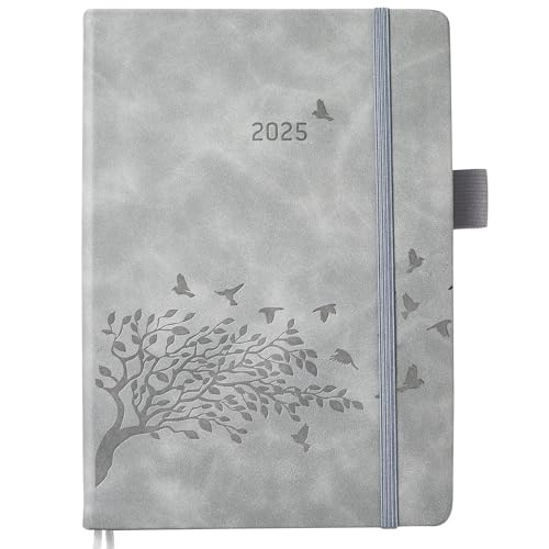Kalender 2025 Buchkalender A5 1 Tag 1 Seite, Tagesplaner mit Monatsübersicht & Notizen, 2 Lesezeichenband, Stifthalter, Tasche, Leder Hardcover, Jahresplaner Buch Planer Terminplaner, Jan.25-Dez.25