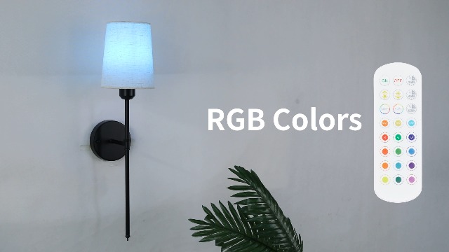 Image of Battery Operated Wall Sconce Set of 2, 12 RGB Light Bulb & Remote Control, Wireless Wall Light with Rechargeable Bulb, Fabric Shade & Metal Frame, Brass