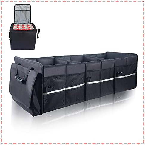 ISFC Car Trunk Organizer with Cooler - Individual Waterproof Insulated Cooler Bag, Collapsible Multi-compartments Adjustable Securing Straps Trunk Organizer (4-in-1 w/Cooler, Black)