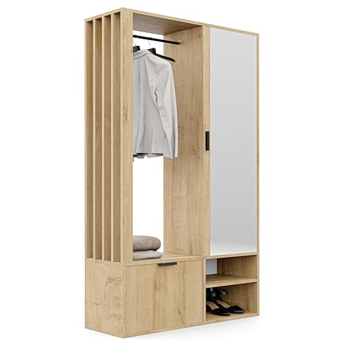 GREKPOL Droite/Gauche Vestiaire d'entrée avec Miroir (7 étagères) avec Crochets Inclus- 100 x 33 x 190 cm Meuble Porte-Manteau et Chaussures Artisan
