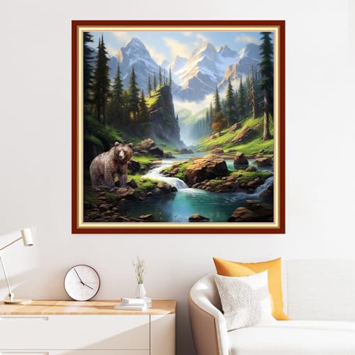 Image of Disxvivy Cross Stitch Stamped Full Embroidery Kits DIY 11CT Cotton Thread Printed DIY Needlepoint Kits Craft Needlework Set Cross-Stitch Stamped Sets-Forest Bear 18x18 inch