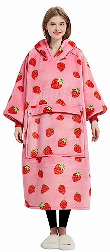 Image of KFUBUO Wearable Blanket Hoodie for Adults With Pocket Strawberry Extra Long | Sherpa, Fuzzy Blanket Hoodie, Oversized Sweatshirt Blanket, Kangaroo Pouch, Cute Birthday Gifts for Women, Cute Stuff
