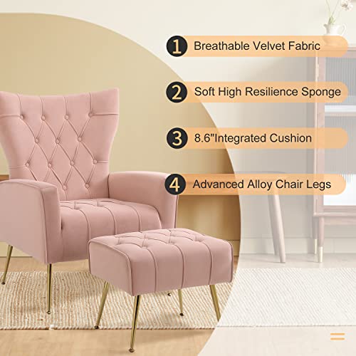Yoodfo Accent Chair With Ottoman, Upholstered Modern Tufted Wingback Armchair With Footrest, Velvet Armchair With Golden Legs Modern Sofa Lounge Side Chair For Living Room, Bedroom 2 Set #TOP3