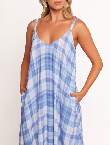 Image of LASPIA Spaghetti Strap Dresses for Women Plaid V Neck Maxi Sundress Beach Long Dress with Pockets