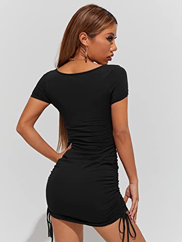 Soly Hux Women's Drawstring Ruched Cut Out Bodycon Mini Dress Short Sleeve Sweetheart Neck Summer Dresses Solid Black Petite S #TOP3