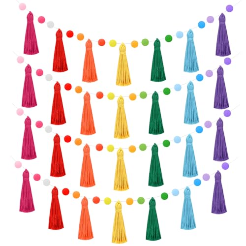 MARFOREVER 4 Pack 26.3 Feet Rainbow Tassel Pom Pom Garland Decorations Garland Banner Hanging Supplies for Back to School Decor Nursery Wall School Classroom Christmas Tree Birthday Party