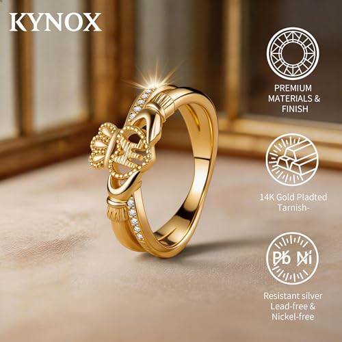 KYNOX Gold Initial Crown Rings for Women Non Tarnish 14K Gold Plated Vintage Heart Thumb Rings Personalized Carved Anniversary Valentine's Day Mother Gifts (Gold-D, 7) — view 4