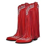 richealnini Glitter Fringe Cowboy Boots for Women Pointed Toe Western Mid Calf Boots with Tassels Bling Cowgirl Booties Studs Rivets Chunky Heels Stretch Moto Club Riding Biker Shoes Size 11