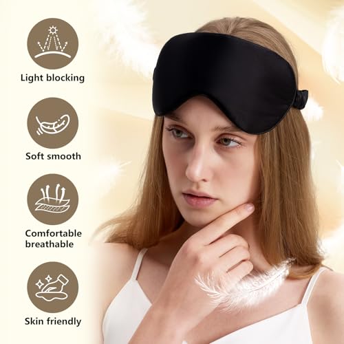 SOO DΞSIVI 100% Pure 6A Mulberry Black Silk Sleep Mask for Women and Men, Adjustable Blackout Eye Cover, Breathable Travel Eye Mask for Sleeping, Zero Pressure Comfort — view 3